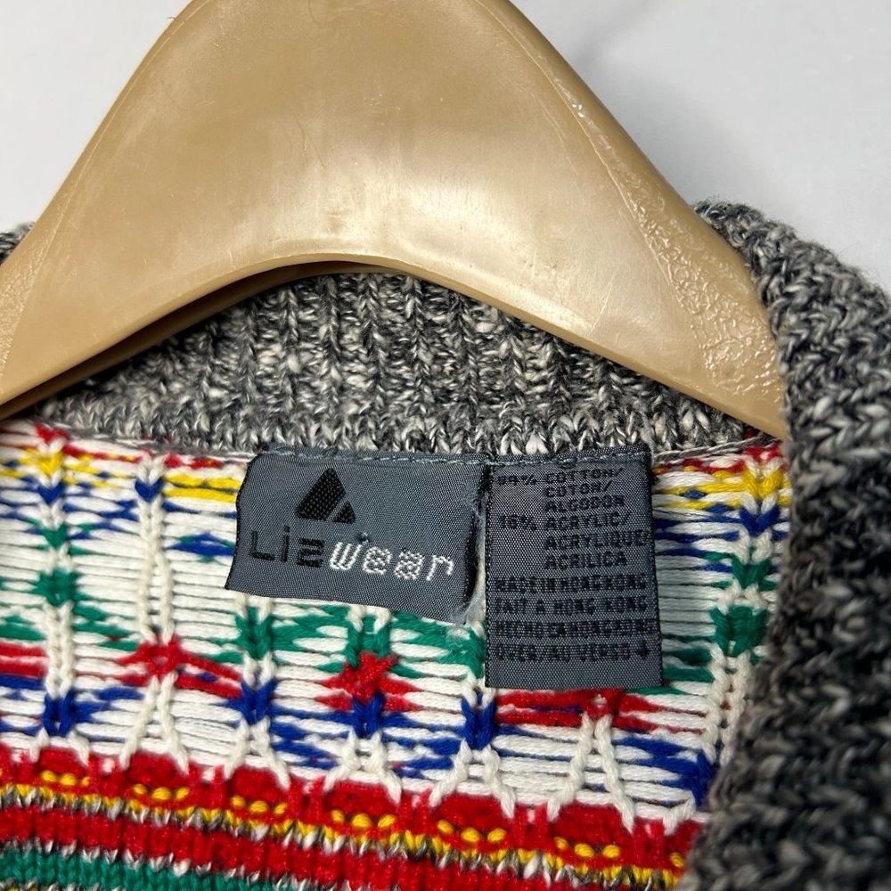 Vintage Lizwear Fair Isle Snowflake Cardigan Sweater Multi Color Mock Neck L - Picture 4 of 5
